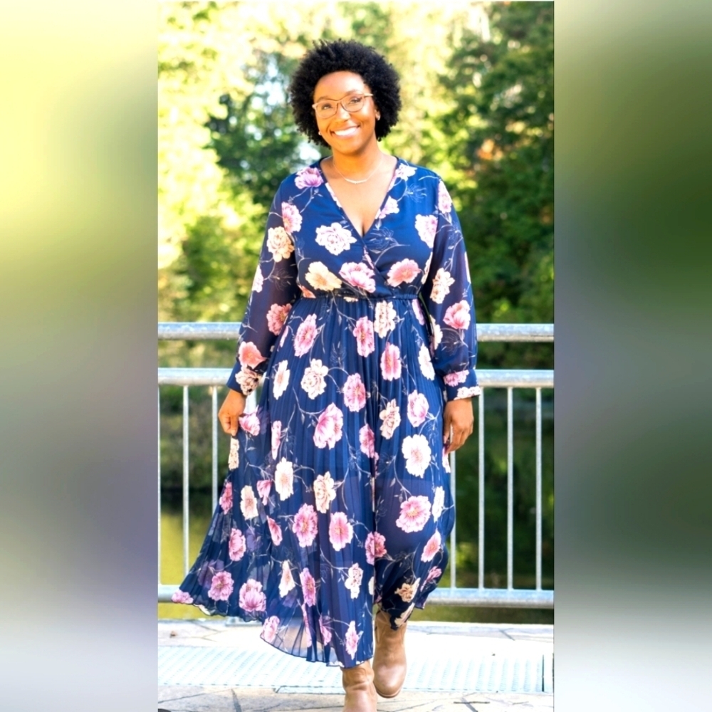 Indigo Rose Effortless Long Sleeve Floral Maxi Dress Wedding Guest Size M
